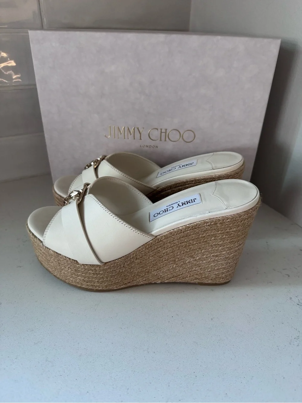 Jimmy Choo Leda Cream Leather Espadrille Wedge Sandals NIB